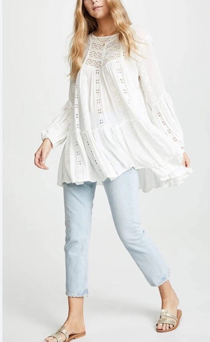 Free People Kiss Kiss Tunic Ivory Crochet Lace Boho Tiered Top Size M